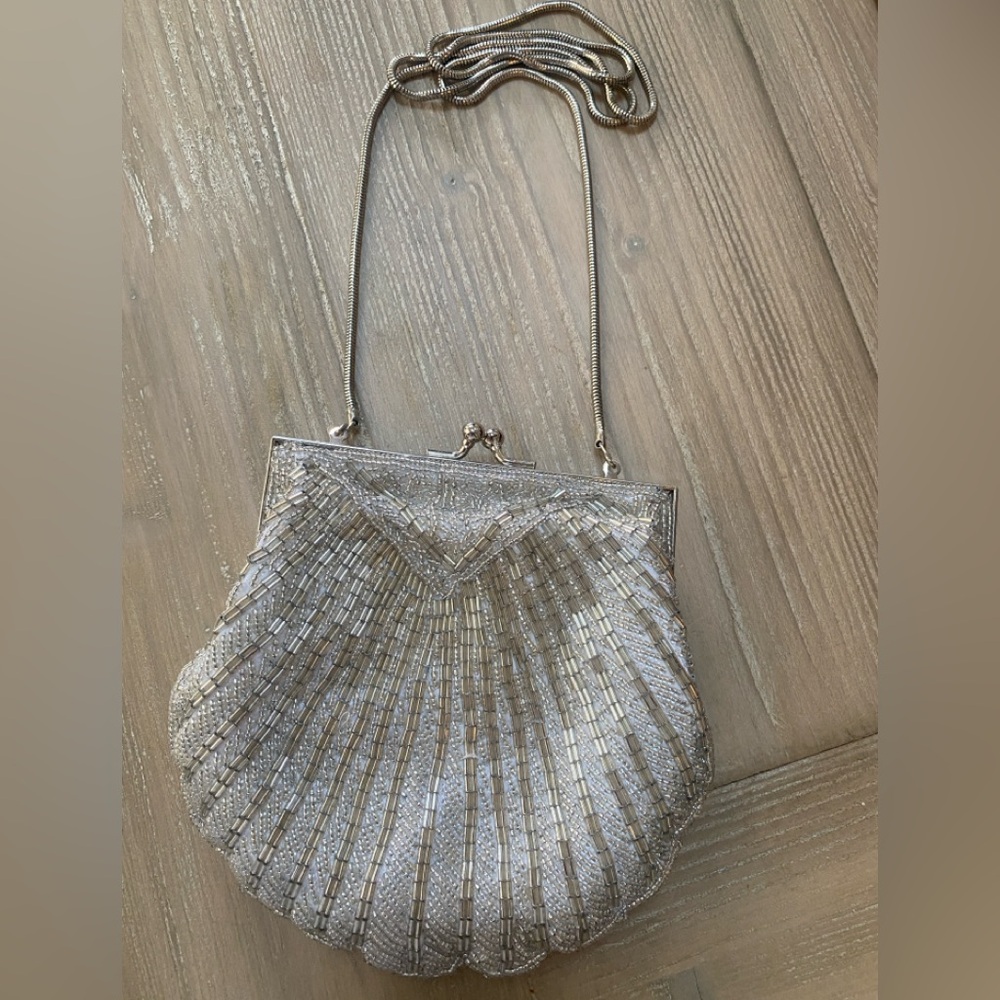 Vintage beaded evening bag purse crossbody silver  wedding New Year’s Eve